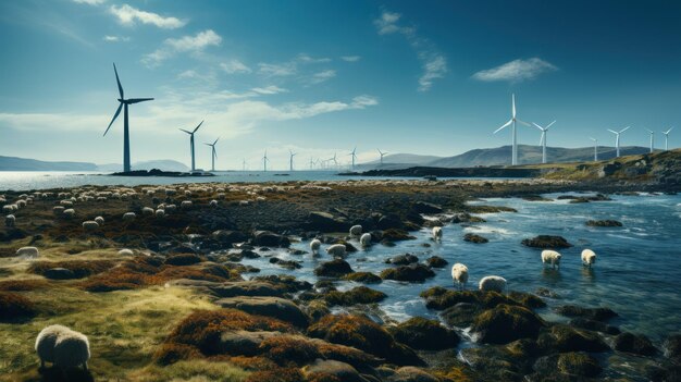 Offshore-Windmühle im Meerespark Isolierte Windmühle am Meer an einem schönen sonnigen Tag mit Bauernziegen