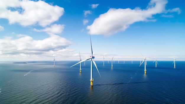 Offshore-Windmühlepark mit Wolken und einem blauen Himmel Windmühle-Park im Ozean Luftansicht mit Windturbine Grünes Energie-Konzept