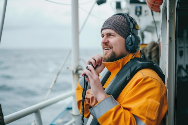 Foto oficial de cubierta de la marina o oficial en jefe en la cubierta de un buque o barco tiene una radio walkietalkie vhf