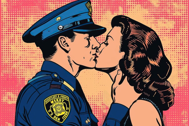 Oficial de polícia a beijar uma mulher no CheekArt Pop