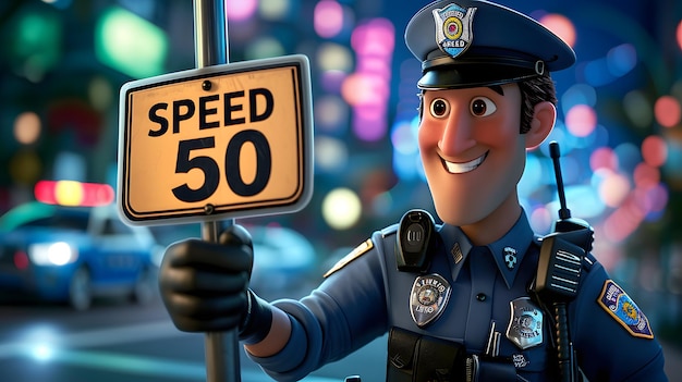 Foto oficial de polícia animado em 3d sorrindo e segurando um sinal de limite de velocidade à noite com luzes desfocadas da cidade ao fundo