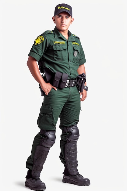 Oficial de polícia boliviano de uniforme verde