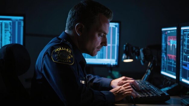 Foto oficial de polícia concentrado a trabalhar num computador à noite.