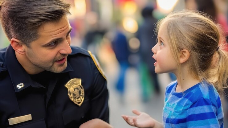 Foto oficial de polícia conversando com uma menina em uma rua movimentada