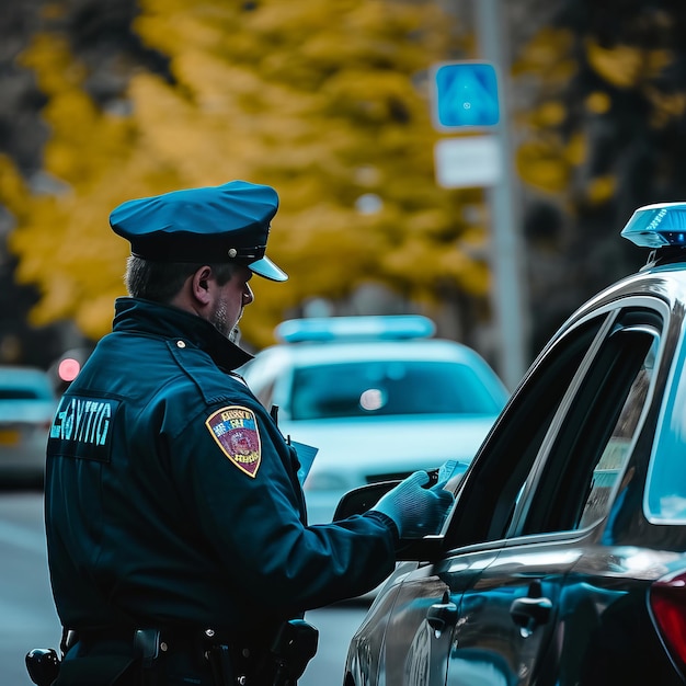 Foto oficial de polícia de pé ao lado de um carro estacionado