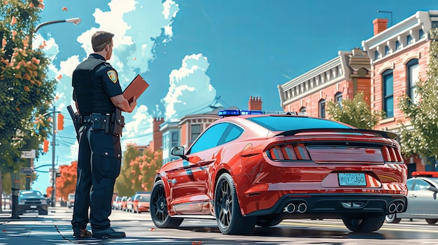 Oficial de polícia em uniforme e carro vermelho na rua da cidade