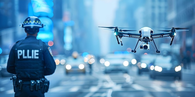 Oficial de polícia utiliza drone para vigilância de multidões na paisagem urbana para resposta a emergências Conceito de vigilância policial Tecnologia de drones Monitoramento de multidões Resposta a emergências Segurança da cidade