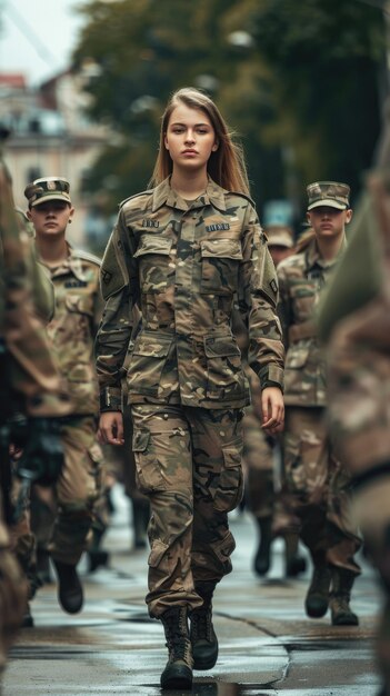 Foto oficial feminina confiante marchando em desfile com tropas ao fundo