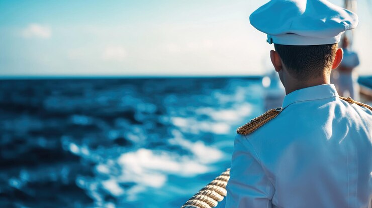 Foto oficial masculino de uniforme branco olhando para o mar do convés do navio