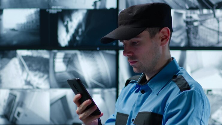 Oficial masculino que usa un teléfono inteligente que trabaja en el centro de monitoreo de seguridad