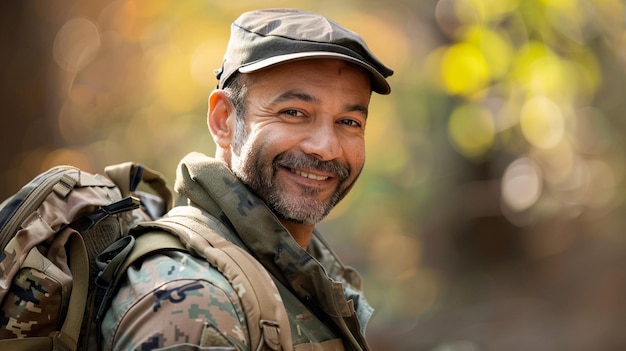 Oficial militar bonito e sorridente com foto na cabeça