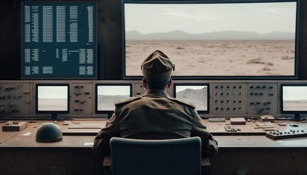 Oficial militar de comando y control que trabaja en un panel de control de la sala de guerra IA generativa