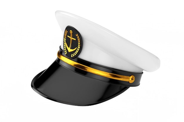 Oficial naval, almirante, sombrero de capitán de barco de la Armada sobre un fondo blanco. Representación 3D