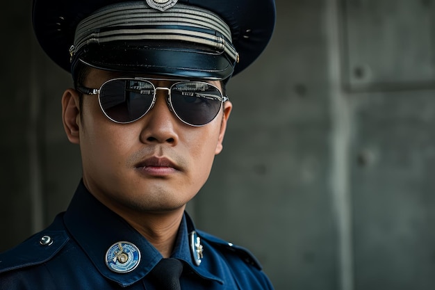 Un oficial de policía asiático diligente en primer plano Generate Ai