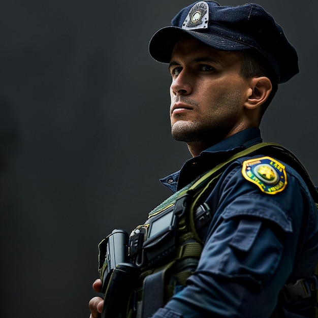 Oficial de policía brasileño celebrando el Día Nacional en uniforme con una pistola