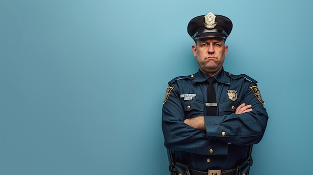 un oficial de policía con los brazos cruzados y llevando una insignia que dice policía