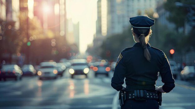 Foto oficial de policía se centra en una mujer oficial de policía que dirige el tráfico con una calle de la ciudad de fondo luz del mediodía centro de espacio vacío para el texto