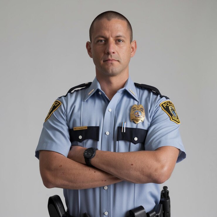un oficial de policía con una insignia en el hombro