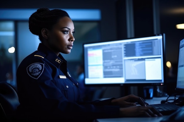 Oficial de policía negra uniformada en una estación de policía trabajando en su lugar usando una computadora