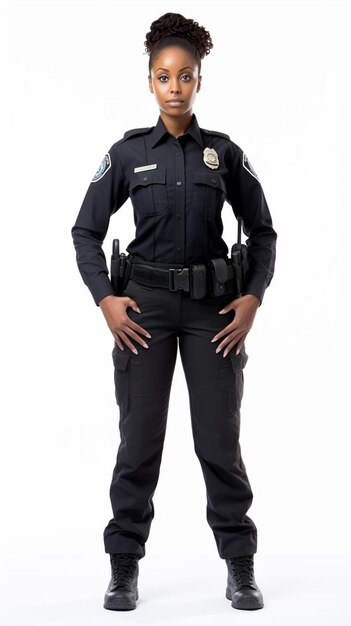 Foto un oficial de policía de pie frente a un fondo blanco