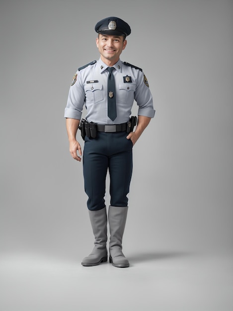 un oficial de policía de pie frente a un fondo gris