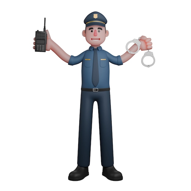 Oficial de policía profesional masculino en 3D listo con radio y esposas Caricatura de aplicación de la ley