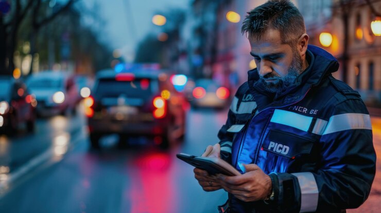 Foto un oficial de policía que presta asistencia en el lugar de una emergencia