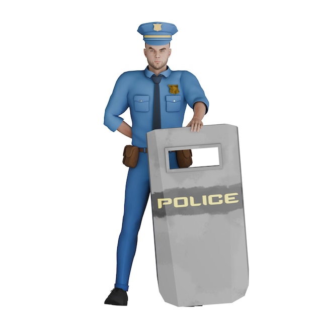 Un oficial de policía de sexo masculino está de pie con la mano derecha doblada detrás del cuerpo mientras que la mano izquierda sostiene un escudo antidisturbios