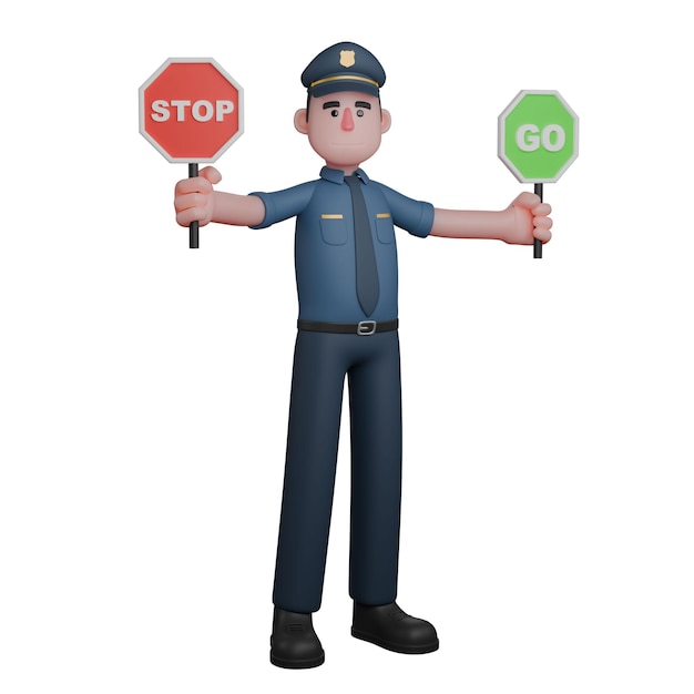 Un oficial de policía sostiene dos señales de tráfico la palabra STOP y la palabra GO