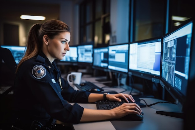 Oficial de policía uniformada en una estación de policía trabajando en su lugar usando una computadora