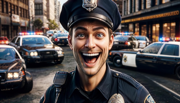 Foto oficial de policía en uniforme al aire libre concepto de profesión emocional