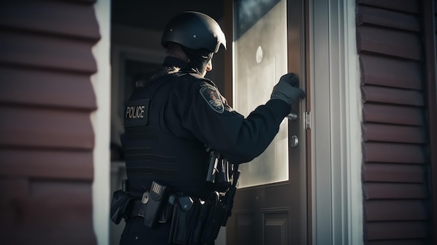 Foto un oficial de policía en uniforme mira hacia una puerta.