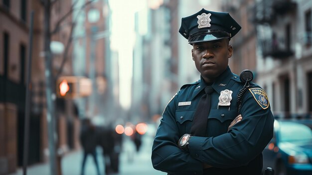 Foto oficial de policía en uniforme de pie con autoridad y vigilancia listo para servir y proteger