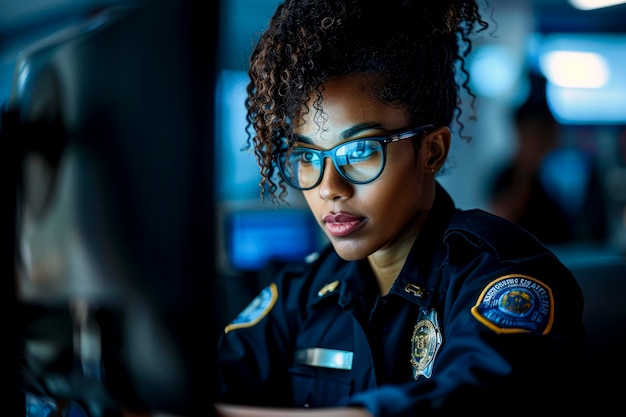 Foto oficial profesional que trabaja en una comisaría de policía revisando informes en computadora