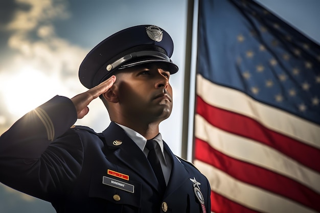 Un oficial uniformado saludando frente a una bandera de Estados Unidos.