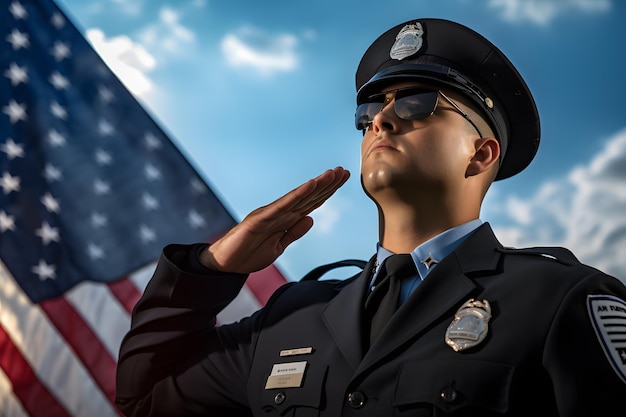 Un oficial uniformado saludando frente a una bandera de Estados Unidos.