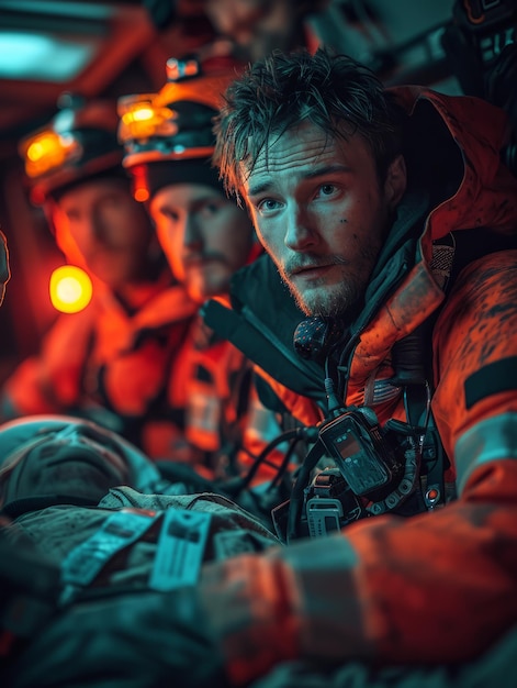 Foto oficiales de ambulancia realizan soporte vital en un paciente un grupo de hombres en uniforme sentados uno al lado del otro