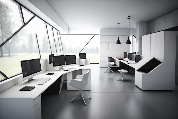 Una oficina abierta futurista con un diseño limpio y minimalista y muebles elegantes