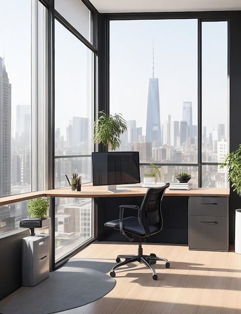 Una oficina para autónomos elegante y moderna con un gran ventanal con vistas a un bullicioso paisaje urbano.