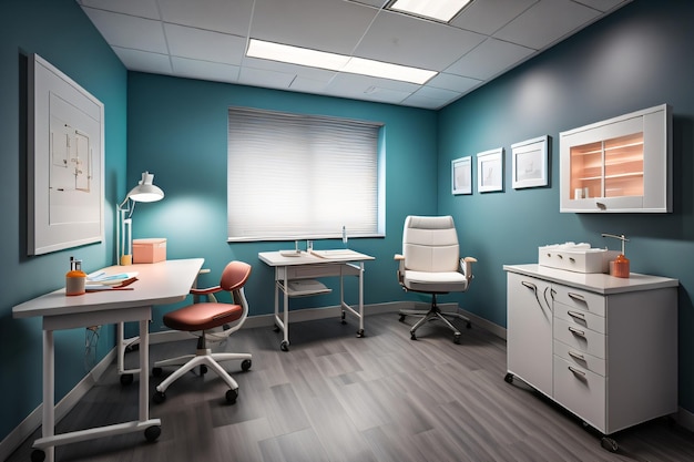 Una oficina azul con un escritorio y sillas blancas y una ventana con las palabras "oficina".