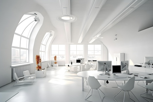 Una oficina blanca con una gran ventana y una silla blanca.