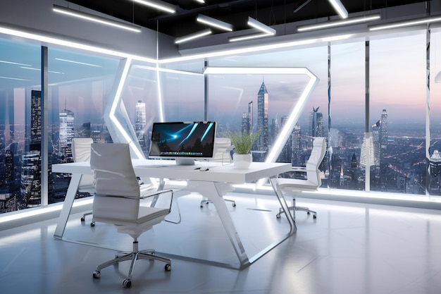 Una oficina blanca con un gran ventanal que dice "soy una empresa de tecnología"