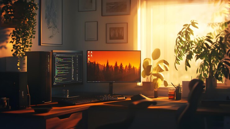 Foto oficina en casa acogedora con iluminación cálida y plantas