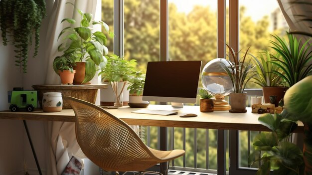 Una oficina en casa con una computadora en un escritorio y una ventana con plantas en la pared.