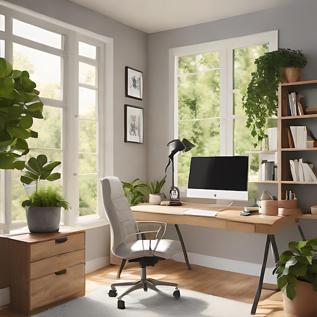 una oficina en casa con una computadora y una planta en el escritorio