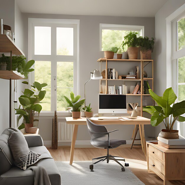 una oficina en casa con una computadora y una planta en la mesa