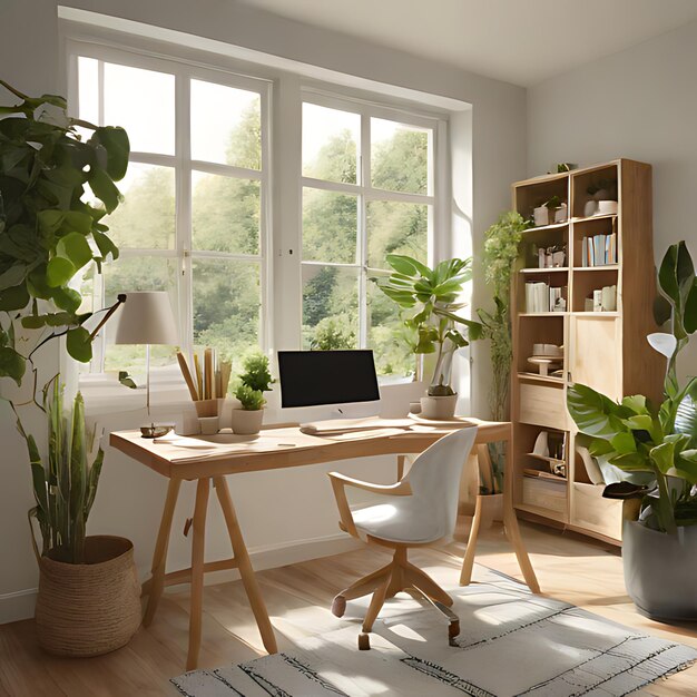 una oficina en casa con una computadora portátil y una planta en la mesa