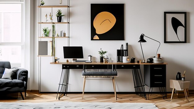 Oficina en casa contemporánea con escritorio de pie y obras de arte modernas