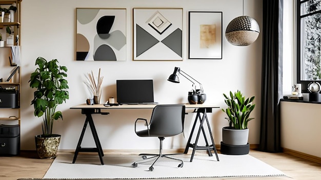 Oficina en casa contemporánea con escritorio de pie y obras de arte modernas