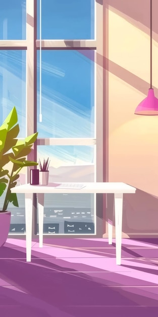 Oficina en casa de diseñador minimalista con vistas y luz natural